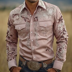 Men's Floral Print Ethnic Flowers Shirt Western Shirt Cowboy Shirt Long Sleeve Vintage Retro Casual Outdoor WorkWear Spring Fall Turndown Front Two Pockets Lin