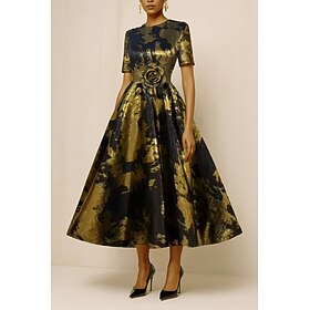 A-Line Ankle Length Cocktail Dresses Party Dresses Elegant Silky Short Sleeve Crew Neck Wedding Formal Pocket Nylon with Floral Print