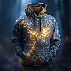 Men's Optical Illusion Deer Hoodie Sweatshirt Fashion 3D Fantasy Long Sleeve Crew Neck Home Streetwear Party Blue Brown Green Drawstring Fall Winter Designer S