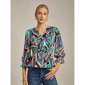 Femmes Féminin Chemise Décontractée Abstrait Occasionnel Manche Évêque Multi Couleur Manche 3/4 Élégant Bohème Col en…: retailer-supplied image