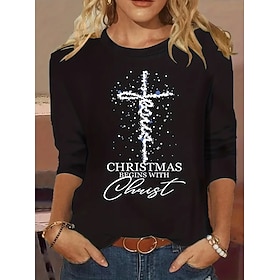 Christmas Women's T Shirt Graphic Letter Cross Vintage Fashion Stylish Long Sleeve Crew Neck Round Neck Regular Tops Daily Weekend Print Black Yellow Red Blue
