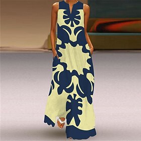 Women's Long Dress Maxi Dress Floral Dress Print Dress Fashion Modern Outdoor Going out Weekend Regular Fit Floral Sleeveless Crew Neck V Neck Yellow Dark Gree