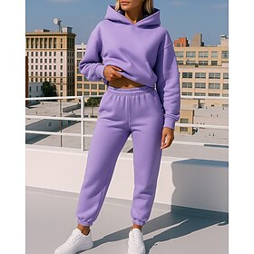 Women's 2 Piece Tracksuit Lounge Hoodie Sweatsuit Sets Solid Colored Clothing Suit Fall Black White Workout Outdoor Travel High Waist Lightweight Fashion Long
