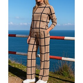 Women's Pullover Sweatsuit Sets 2 Piece Tracksuit Lounge Outfits with Pocket Plaid Checkered Clothing Suit Fall White Green Hiking Vocation Outdoor Fashion Lo