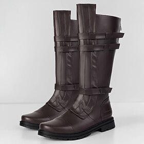 Men's Dark Brown Knee-High Motorcycle Boots, Multi-Strap Faux Leather Biker Boots with Round Toe Lug Sole for Riders, Cosplay Outdoor Casual Wear