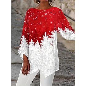 Christmas Women's Blouse Graphic Vintage Tropical Stylish 3/4 Length Sleeve Crew Neck Boat Neck Regular Tops Daily Holiday Print Red Spring Fall Winter