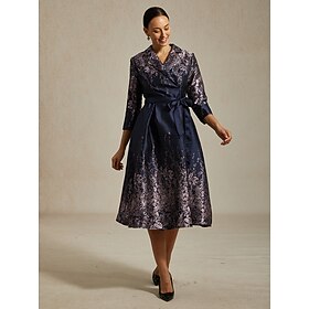 Women's Midi Dress Sheath Dress Elegant Birthday Floral 3/4 Length Sleeve Shirt Collar Navy Blue