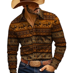 Hombre Cuadros de búfalo Cowboy Cultura india Camisa camisa occidental Abotonar la camisa Manga Larga retro de la vendimia Exterior Casual Para trabajo Primave