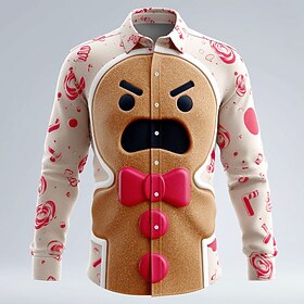 Christmas Men's 3D Cartoon Smile Face Gingerbread Man Shirt Button Up Shirt Long Sleeve Funny Outdoor Holiday Spring Fall Turndown 3D Print Collared Shirts Whi