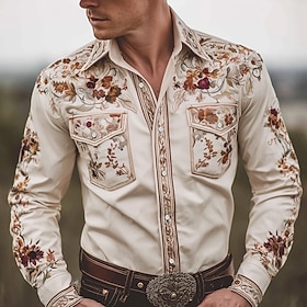 Men's Floral Print Ethnic Flowers Shirt Western Shirt Cowboy Shirt Long Sleeve Vintage Retro Outdoor Casual WorkWear Spring Fall Turndown Front Two Pockets Lin