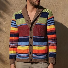 Homme Gilet Cardigan Pull Court Pull Tricoté Côtelé Tricoter Hauts Réguliers Boutons Rayures Col châle Mode Classique Vacances Tenue quotidienne Vêtement Tenue