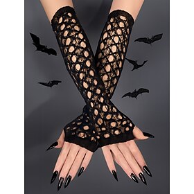 Women's Halloween Gothic Lace Gloves – Black Fishnet Fingerless Arm Warmers for Party, Cosplay and Costume Outfits