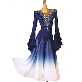 Women's Blue Ombre Ballroom Dance Dress with Rhinestone Detail, Bell Sleeves, and Flared Skirt – Ideal for Latin, Tango, and Performance Wear
