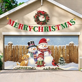 Christmas Outdoor Garage Door Cover Snowman Family Santa Hat Christmas Tree Puppy Fence Snowy Day Large Tapestry Backdrop Holiday Party Wall Decoration For Out
