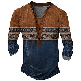Men's Geometric Ethnic T Shirt Henley Shirt Long Sleeve Designer Retro Vintage Ethnic Street Casual Daily Summer Spring Fall Dark Brown Green Blue khaki Henley