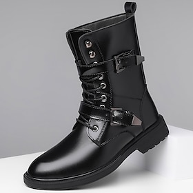 Black Faux Leather Men's Lace-Up Combat Boots with Rugged Sole, Chunky Design and Military Style – Perfect for Bikers, Punk Rock Fashion and Casual Outdoor Wea