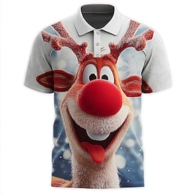Christmas Men's Elk Polo Short Sleeve Polo Shirts Lapel Casual Holiday Festival Wear 3D Print Buttons Summer Red 1 Red 3 Red 2