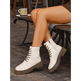 Korean Idol Inspired Pop Star Costume Shoes, Women's White Faux Leather Lace-Up Ankle Boots with Side Zipper and Chunky Sole – Stylish Combat Boots for Kpop, S