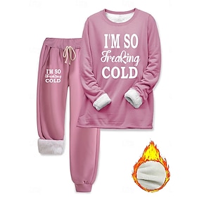 Women's Two Piece Fleece Lined Sets Tracksuit Pants Sets Long Sleeve Bishop Sleeve Crew Neck Round Neck Graphic Letter Print Elegant Warm Fashion Casual Daily