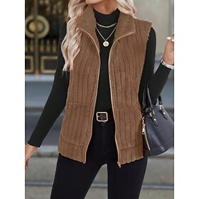 Women's Fleece Vest Comfortable Breathable Zipper Casual Plain Vacation Street Casual Daily Wear Zipper Short Turndown Regular Fit Sleeveless Outerwear Black R