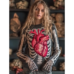 Halloween Women's Sweater Skeleton Cute Streetwear Casual Graphic Skeleton Crew Neck Patchwork Knitted Long Sleeve Regular Tops KnitBlack Red Fall Winter