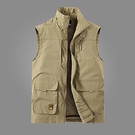 Men's Outdoor Vest Vest Fishing Vest Outdoor Daily Fashion Casual Spring Fall Pocket Buttons Nylon Comfortable Plain Zipper Stand Collar Regular Fit Black Khak