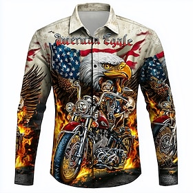 Men's Hellfire Flames American US Flag Eagle Shirt Button Up Shirt Long Sleeve Vintage Retro Outdoor Casual Holiday Spring Fall Turndown 3D Print Collared Shir