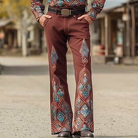 Men's Geometric Pattern Ethnic Trousers Disco Pants 60s 70s Bell Bottoms Mid Waist Western Vintage Retro Outdoor Vacation Casual Side Pockets Flared Leg Pants
