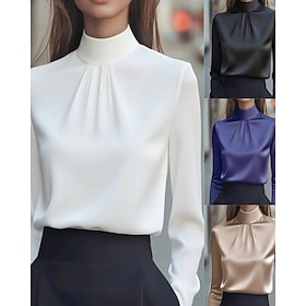 Women's Shirt Dressy Blouse Plain Elegant Stylish Long Sleeve High Neck Regular Tops Work Holiday Going out Ruched Black White Purple Khaki Spring Fall