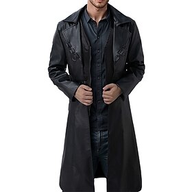 Men's Overcoat Trench Coat Long Trench Coat Vacation Daily Fall Winter Faux Leather Windproof Outerwear Clothing Apparel Fashion Classic Plain Pocket Lapel Sin