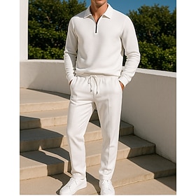 Men's 2 Piece Tracksuit Sweatsuit Sets Lounge Outfits Quarter Zipper Solid Colored Clothing Suit Fall Black White Outdoor Travel Sports Moisture Wicking Long