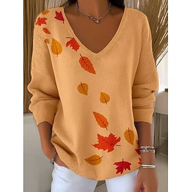Women's Sweater Elegant Fashion Streetwear Floral Graphic V Neck Knitted Long Sleeve Regular Tops Knit Weekend Yellow Ginger Fall Winter