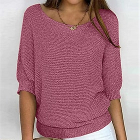 Femmes Pull Streetwear Occasionnel Couleur Unie Col ras du cou Tricoté Manche 3/4 Hauts Réguliers Tricoter Extérieur Quotidien Fête Rouge vin Noir Printemps Au