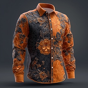 Men's Floral Print Gothic Day of the Dead Shirt Button Up Shirt Long Sleeve Vintage Retro Outdoor Holiday Spring Fall Turndown 3D Print Linen Like Shirt Orange