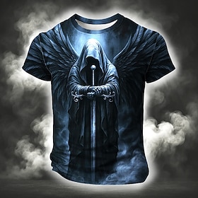 Halloween Men's Optical Illusion Grim Reaper 3D T Shirt Short Sleeve T shirt 3D Print Crew Neck Shirt Exaggerated Designer Horror Club Party Street Black Red G