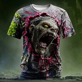 Halloween Men's Optical Illusion Zombies 3D T Shirt Short Sleeve T shirt 3D Print Crew Neck Shirt Exaggerated Designer Horror Party Street Holiday Green Summer