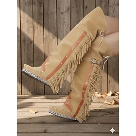 Women's Fringe Over The Knee Boots - Tan Suede Western Boho Style Boots for Autumn Winter