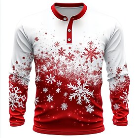 Men's Christmas Snowflake Henley Shirt Long Sleeve Fashion Cute Daily Casual Holiday Going out Winter Spring   Fall Red Henley Henley T-Shirt
