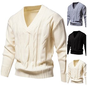 Men's Sweater Pullover Sweater Jumper Cable Knit Regular Tops Knitted Slim Fit Plain V Neck Knitwear Contemporary Casual Daily Wear Clothing Apparel Fall Black