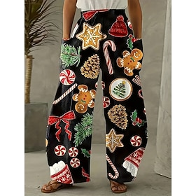 Christmas Women's Wide Leg Chinos Vacation Vintage Ethnic Style Full Length High WaistPantsUgly Graphic Elastic Waistband Inelastic Formal Vacation Street Blac