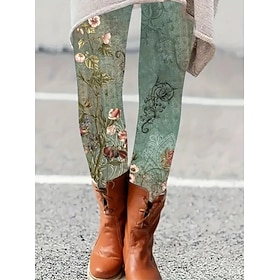 Women's Leggings Vacation Vintage Fashion Ankle-Length High Waist Floral Graphic Leaf Printing Thermal Warm Soft Breathable Stretchy Vacation Street White Gree