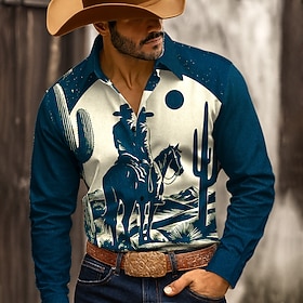 Men's Cowboy Riding Horse Shirt Western Shirt Button Up Shirt Long Sleeve Vintage Retro Outdoor Casual WorkWear Spring Fall Turndown 3D Print Collared Shirts B