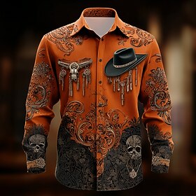 Halloween Men's Paisley Skull Cow Print Shirt Western Shirt Cowboy Shirt Long Sleeve Ethnic Vintage Retro Outdoor Spring Fall Turndown 3D Print Linen Like Shir