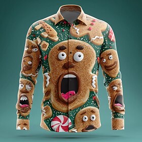 Christmas Men's 3D Cartoon Smile Face Gingerbread Man Shirt Button Up Shirt Long Sleeve Funny Outdoor Holiday Spring Fall Turndown 3D Print Collared Shirts Blu