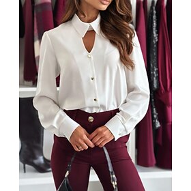 Women's Shirt Dressy Blouse Plain Elegant Formal Long Sleeve Shirt Collar Regular Tops Work Holiday Going out Hollow Out Buttons Black White Wine Spring Fall