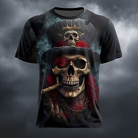 Halloween Men's Optical Illusion 3D Pirate T Shirt Short Sleeve T shirt 3D Print Crew Neck Shirt Exaggerated Designer Horror Club Party Street Blue Red Green S