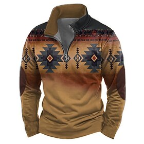 Men's Aztec Sweatshirt Ethnic Vintage Retro Long Sleeve High Neck Outdoor Sports Outdoor Blue Dark Green Purple Brown Zipper Quarter Zip Fall Winter Designer S