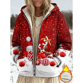 Women's Winter Coat Fleece Jacket Fleece Lined Casual Jacket Warm Zipper Pocket Print Fashion Casual Christmas Street Casual Regular Hooded Long Sleeve Outerwe