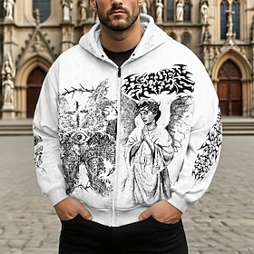 Homme Graphique Ange Sweat à capuche Mode Quotidien À capuche Vacances Soirée Vêtements de rue Noir Blanche Zip Up Avec Poches Impression Printemps Automne Des
