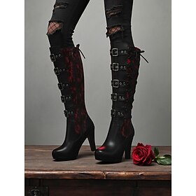Kniehohe High Heels mit Schnürung für Damen im Gothic-Stil mit mehreren Schnallenriemen – schwarze Lederstiefel im Steampunk-Stil mit roten Spitzendetails, per